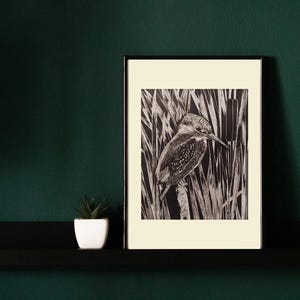 Stampa artigianale di martin pescatore in linoleum – Arte unica in bianco e nero su carta di riso giapponese, opzione passe-partout disponibile