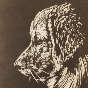 Stampa artigianale di Golden Retriever in linoleum – Arte unica in bianco e nero su carta di riso giapponese, opzione passe-partout disponibile