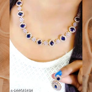 cubic Zirconia AD Necklace Set Bridal Wedding Indian Necklace Bollywood Jewelry CZ Jewelry American Diamond jewellery Choker Blue, Set