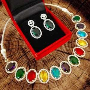 cubic Zirconia AD Necklace Set Bridal Wedding Indian Necklace Bollywood Jewelry CZ Jewelry American Diamond jewellery Choker Blue, Green Set