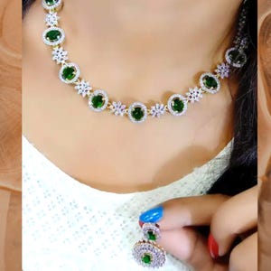 cubic Zirconia AD Necklace Set Bridal Wedding Indian Necklace Bollywood Jewelry CZ Jewelry American Diamond jewellery Choker Blue, Green Set
