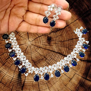 Silver Finish American Diamond Choker Necklace Set with Earrings, AD Jewelry set, AD Choker Set, Indian Bollywood Bridal Wedding Set, Mint