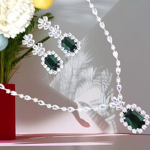 Cubic Zirconia AD Necklace Set Bridal Wedding Indian Necklace Bollywood Jewelry CZ Jewelry American Diamond jewellery Choker, Green AD Set