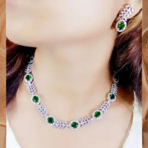 cubic Zirconia AD Necklace Set Bridal Wedding Indian Necklace Bollywood Jewelry CZ Jewelry American Diamond jewellery Choker Blue, Green Set
