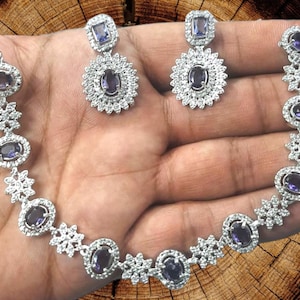 Purple necklace/ American Diamond Necklace Set/ CZ Necklace/ Reception Jewelry/ Bollywood Jewelry/ Silver Finish CZ Choker Set