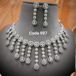 cubic Zirconia AD Necklace Set Bridal Wedding Indian Necklace Bollywood Jewelry CZ Jewelry American Diamond jewellery Choker Blue, Green Set
