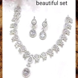 Cubic Zirconia AD Necklace Set Bridal Wedding Indian Necklace Bollywood Jewelry CZ Jewelry American Diamond jewellery Choker White blue Set