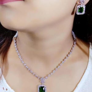 Cubic Zirconia AD Necklace Set Bridal Wedding Indian Necklace Bollywood Jewelry CZ Jewelry American Diamond jewellery Choker, Green AD Set