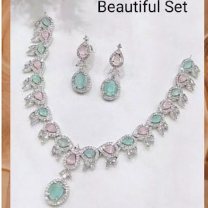 cubic Zirconia AD Necklace Set Bridal Wedding Indian Necklace Bollywood Jewelry CZ Jewelry American Diamond jewellery Choker mint pink Set