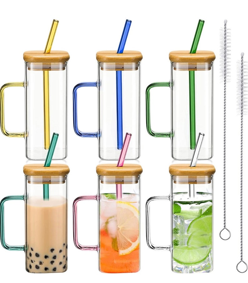 Custom Square Glass Mug With Bamboo Lid and Glass Straw Etsy