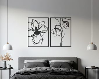 Abstract Floral Duo Metal Wall Art, Minimalist Line Drawing Flower Set, Modern Botanical Artwork for Bedroom, Living Room, or Office Decor