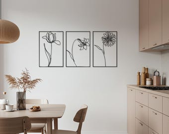 Arte de pared de metal con líneas florales, escultura botánica minimalista, diseño floral moderno de 3 paneles para sala de estar, dormitorio u oficina.