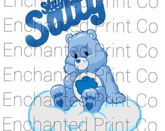 May include: A light blue cartoon bear sits on a white cloud with a blue outline. The bear has a heart on its chest and feet. The text "Stay Sassy" is written in blue above the bear.