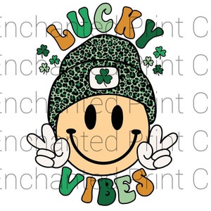 Lucky Vibes Png, Retro Smiley Face Png, St. Patrick&#39;s Day Png, Green Leopard Png, Retro Png, Retro St. Patty&#39;s Day Png, Sublimation Design