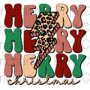 May include: Merry Christmas text in a retro style with a leopard print lightning bolt in the center. The text is in shades of red, green, pink, and orange.