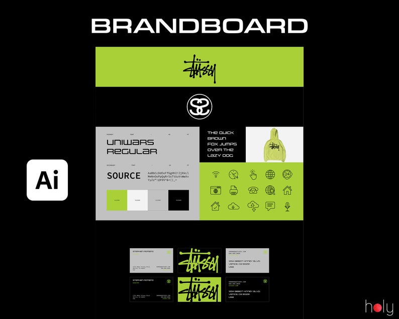 Op de afbeelding: Brandboard voor een kledingmerk met de naam "Uniwars Regular" in zwarte tekst op een grijze achtergrond. Het merklogo is een gestileerde "S" in zwart op een groene achtergrond. Het brandboard bevat ook een groene hoodie met het merklogo op de voorkant, een set pictogrammen en een visitekaartje met de merknaam en het logo.