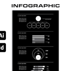 May include: Black and white infographic with four sections. The first section shows a hierarchy chart with five circles. The second section shows a bar chart with 50%, 30%, and 20% marked. The third section shows a Venn diagram with three overlapping circles labeled TAM, SAM, and SOM. The fourth section shows a bar chart with three bars labeled "Segment 1", "Segment 2", and "Segment 3".