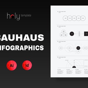 May include: A black and white infographic template with the title "Bauhaus Infographics" and five different diagram styles. The diagrams include circles, squares, lines, and arrows.