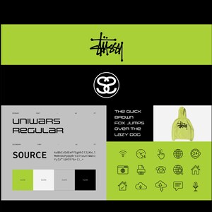 Op de afbeelding: Een groen en zwart logo met de tekst "STUSSY" in een gestileerd lettertype. Het logo is omgeven door een zwart vierkant. Onder het logo bevindt zich een zwart-witte afbeelding van een gestileerde "S" in een cirkel. De tekst "THE QUICK BROWN FOX JUMPS OVER THE LAZY DOG" staat in zwarte tekst op een witte achtergrond. Onder de tekst bevindt zich een groene hoodie met het "STUSSY" logo op de voorkant.