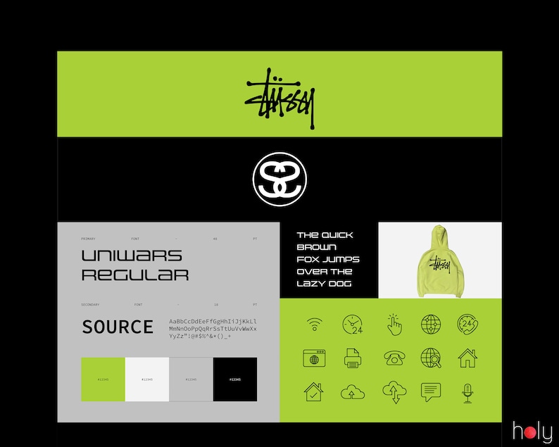 Op de afbeelding: Een groen en zwart logo met de tekst "STUSSY" in een gestileerd lettertype. Het logo is omgeven door een zwart vierkant. Onder het logo bevindt zich een zwart-witte afbeelding van een gestileerde "S" in een cirkel. De tekst "THE QUICK BROWN FOX JUMPS OVER THE LAZY DOG" staat in zwarte tekst op een witte achtergrond. Onder de tekst bevindt zich een groene hoodie met het "STUSSY" logo op de voorkant.