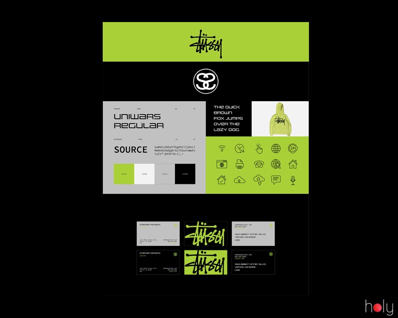 Op de afbeelding: Een groene en zwarte merkidentiteitsontwerpgids met het logo "Stussy" en de tekst "Uniwars Regular" en "The quick brown fox jumps over the lazy dog". De gids bevat een kleurenpalet, lettertype-informatie en een set pictogrammen.