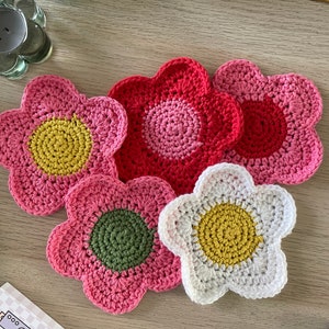 Crochet Flower Coasters , colourful fun decor | Y2K, Pastel Style Home Decor | Cosy and Cute handmade homeware