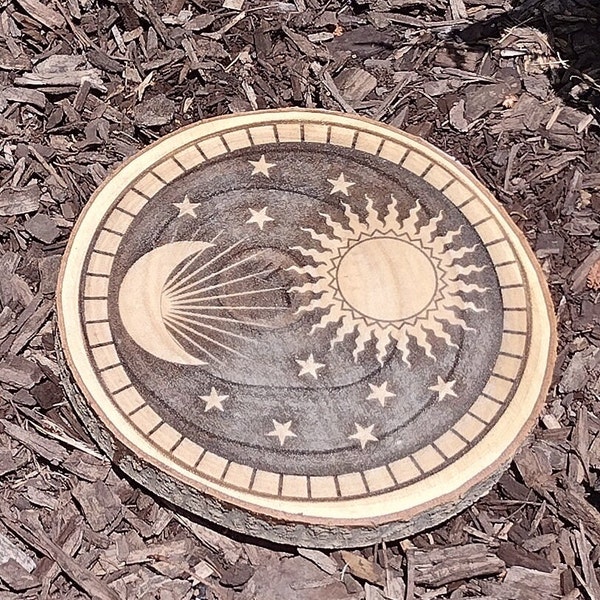 Wooden Garden Step or "Stone" or Sign - Sun & Moon- Original art etched on wood - Add a special touch to your garden or lawn