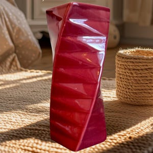 Mid-Century Modern Red Geometric Ceramic Vase –Retro Twisted Design Art Pottery Home Decor Eclectic Home Accent Glaze Red Vase Artistic Form