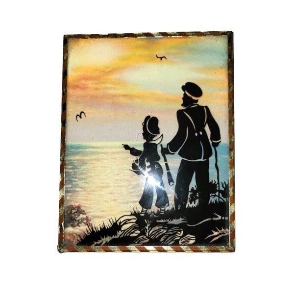 Vintage Silhouette Reverse Framed Painting, Boy and Man Pointing at Horizon Silhouette Painting, Black Silhouette 1940s Framed Convex Glass