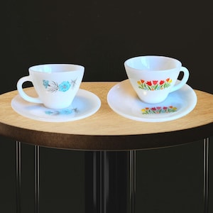 Vintage 1940s Fire King Tulip Teacup Saucer Sets, Milk Glass with Floral Prints, Retro 1940s Tulip & Bonnie Blue Flowers Anchor Hocking