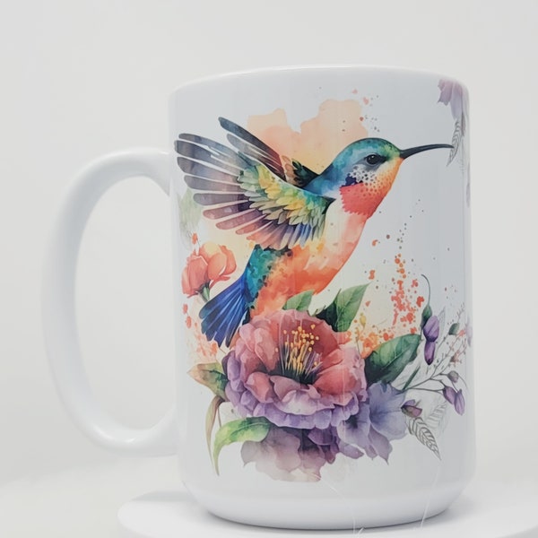 Hummingbird Mug, Peach, Teal, Purple  and Blue watercolor Garden Bird Cup, 15oz, ready to Ship
