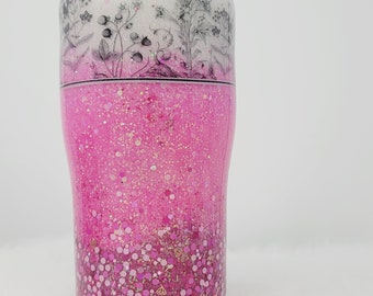 Black and White Flower sketch, Hot Pink Glitter Ombre, Heart shaped Glitter, 20oz Modern Curve, Ready to Ship