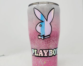 Pink Sparkly glitter with a Holographic PB Bunny, Custom made with lid and straw