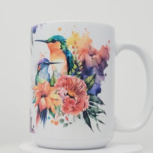 Hummingbird Mug, Peach, Teal and Blue watercolor Garden Bird Cup, 15oz, ready to Ship