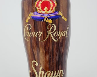 Custom Personalized CR Whiskey Wood Tumbler, Wood Grain 30oz curve with a Lid and Straw, Handmade