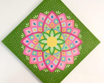 Pintura de mandala en lienzo, arte original sobre lienzo, arte mural espiritual, decoración de mandala, arte mural de flores espirituales coloridas, arte mural en lienzo