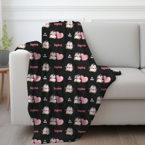 Plush Blanket Personalized Valentine Gift Penguin Valentine For Her Throw Blanket Valentine Customized Name Gift For Girlfriend Valentine