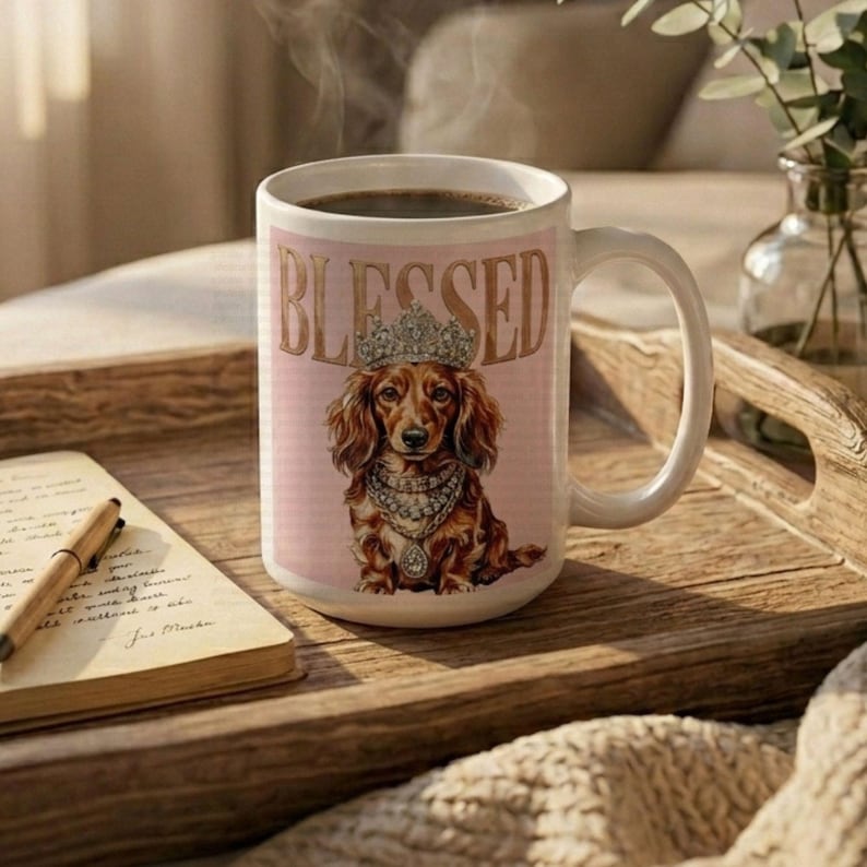 May include: White ceramic mug filled with dark coffee. The mug features a pink background with the word "BLESSED" in gold lettering and a regal dachshund illustration wearing a crown and jewelry. A pen and notebook are on a wooden tray.