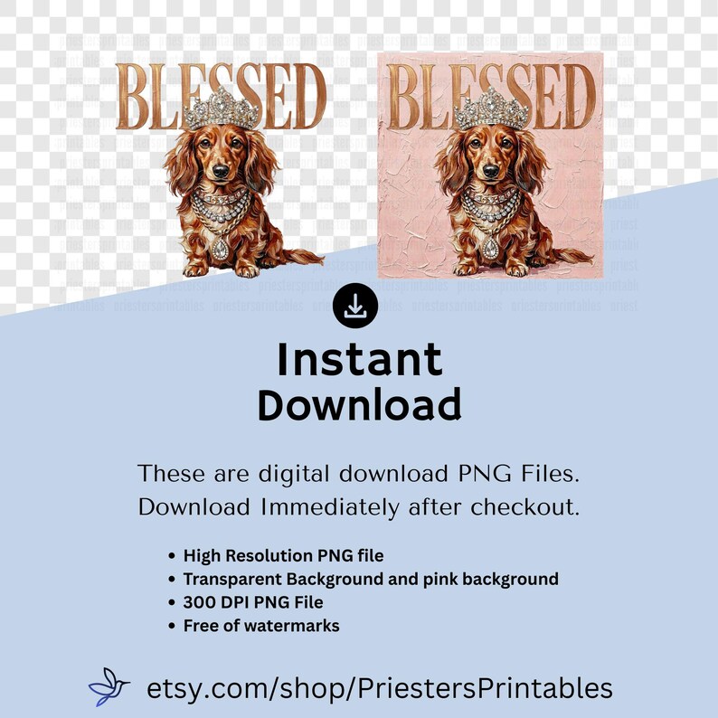May include: Digital download featuring a dachshund wearing a crown and jewelry, with the word "BLESSED" above. The image is available as a high-resolution PNG file with a transparent background. The text "Instant Download" is also included.
