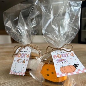 Puede incluir: Dos golosinas de Halloween envueltas en celof&aacute;n con etiquetas que dicen "You've been BOO'd!". Una golosina presenta un fantasma con una vela, la otra una malvavisco con forma de calabaza con un gato negro. Cada golosina incluye galletas Graham y chocolate.