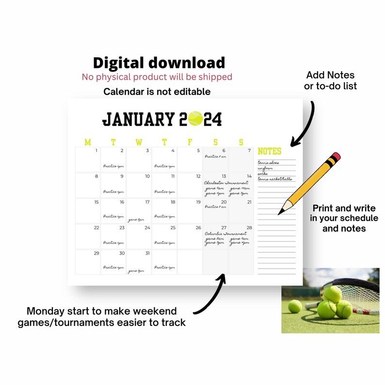 2025 Tennis Printable Calendar Bundle Kids Sports Calendar Tennis Goals