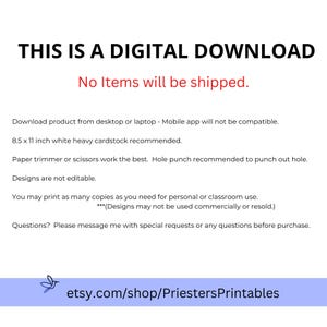 Puede incluir: Fondo blanco con texto negro que dice "THIS IS A DIGITAL DOWNLOAD" y "No Items will be shipped." Recomendaciones para cartulina de 21,6 x 28 cm e impresi&oacute;n para uso personal. La URL de la tienda Etsy tambi&eacute;n est&aacute; incluida.