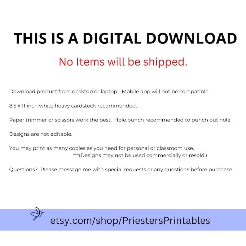 Puede incluir: Fondo blanco con texto negro que dice "THIS IS A DIGITAL DOWNLOAD" y "No Items will be shipped." Recomendaciones para cartulina de 21,6 x 28 cm e impresi&oacute;n para uso personal. La URL de la tienda Etsy tambi&eacute;n est&aacute; incluida.
