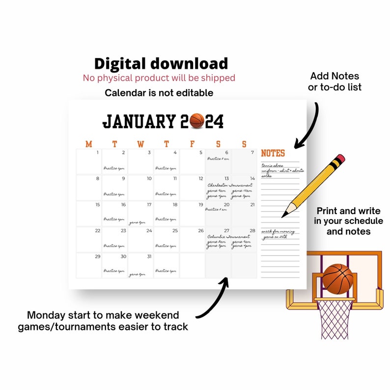 Printable Basketball Calendar Bundle 2024 Kids Sports Calendar
