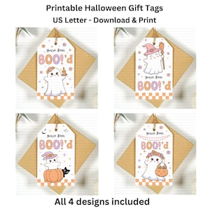 Puede incluir: Cuatro etiquetas de regalo imprimibles de Halloween con ilustraciones de fantasmas. Cada etiqueta presenta el texto "You've Been BOO'd" y dise&ntilde;os &uacute;nicos, incluyendo un sombrero de bruja, una escoba, una calabaza y detalles florales. Las etiquetas est&aacute;n sobre papel marr&oacute;n.