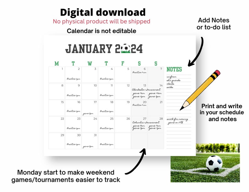 2024 Calendar Printable Soccer Schedule Calendar Bundle Kid Sports