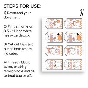 Puede incluir: Hoja de etiquetas de regalo imprimibles de Halloween con ilustraciones de fantasmas, calabazas y el texto "BOO!" y "You've Been". Las etiquetas est&aacute;n dise&ntilde;adas para recortar y usar para bolsas de golosinas o regalos.