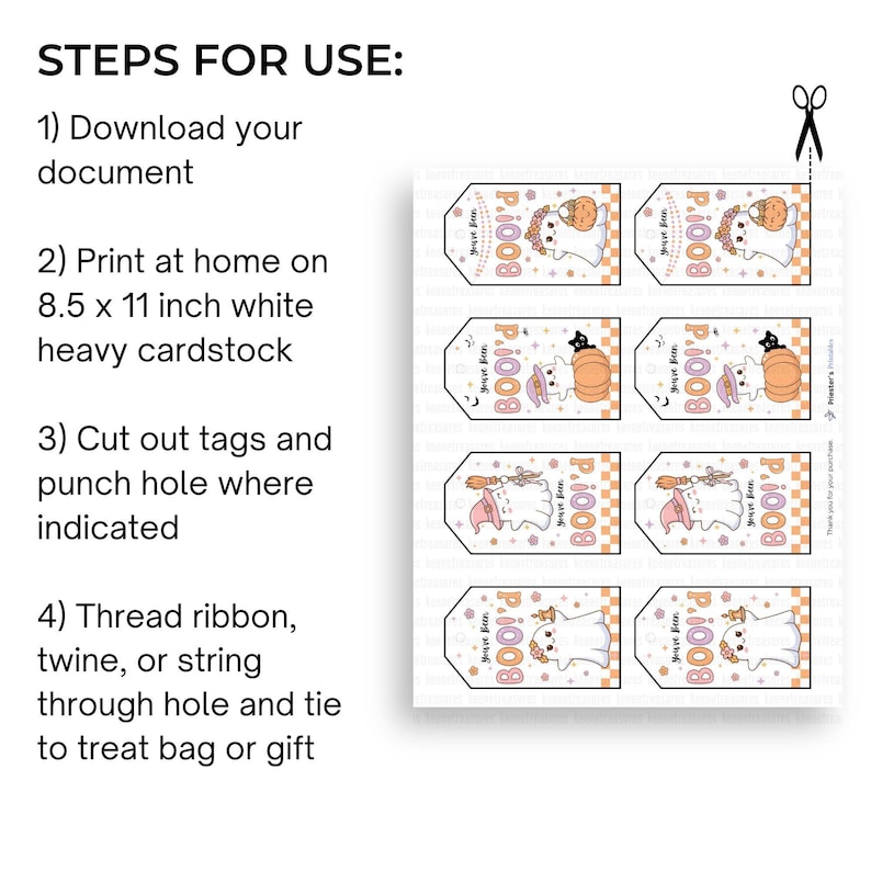 Puede incluir: Hoja de etiquetas de regalo imprimibles de Halloween con ilustraciones de fantasmas, calabazas y el texto "BOO!" y "You've Been". Las etiquetas est&aacute;n dise&ntilde;adas para recortar y usar para bolsas de golosinas o regalos.