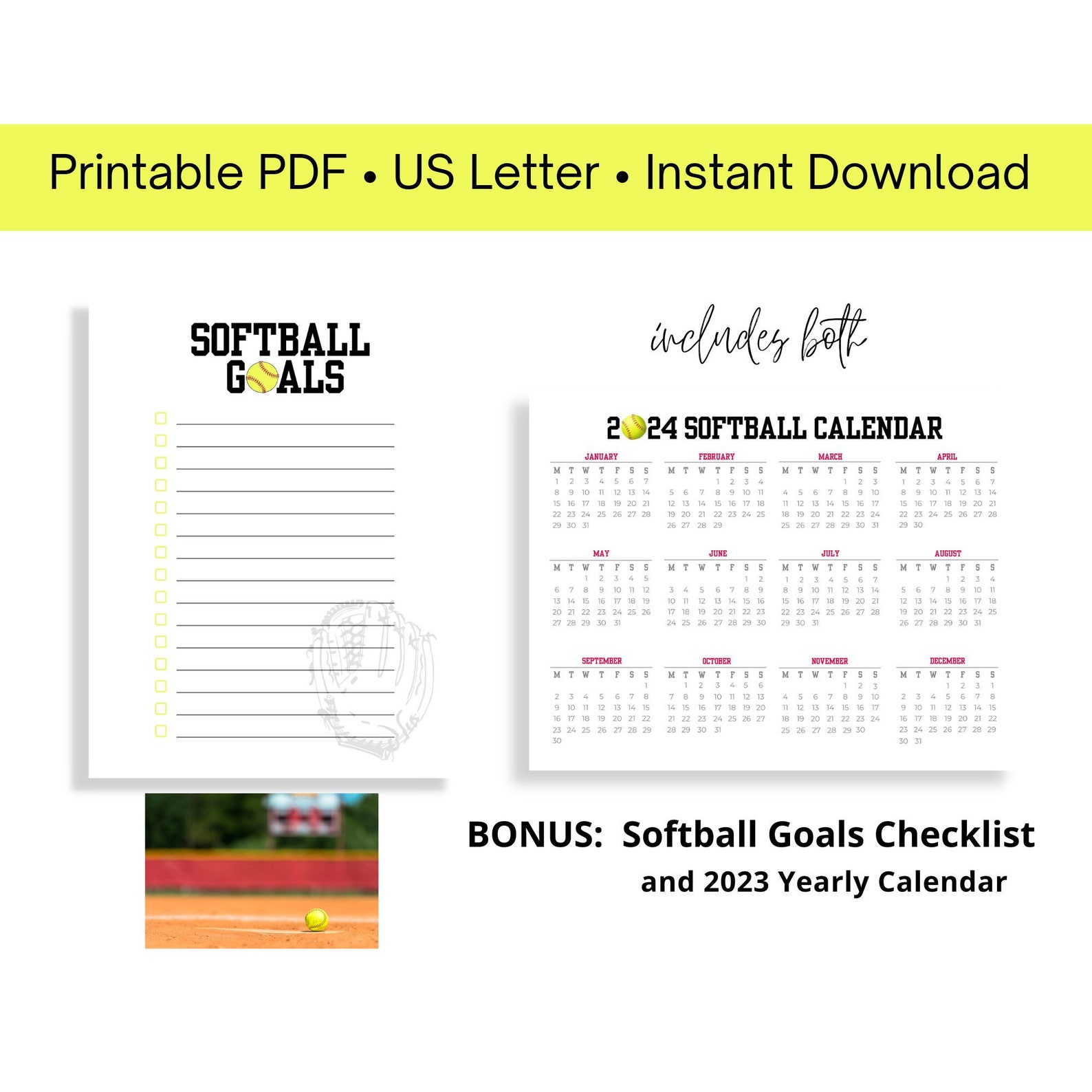 2024 Printable Calendar Softball Bundle Schedule Template Softball Goals Checklist Sports Lover