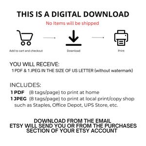 Puede incluir: Fondo blanco con texto e iconos negros. El texto dice "THIS IS A DIGITAL DOWNLOAD" y explica el proceso de descarga: a&ntilde;adir al carrito, descargar e imprimir. Incluye 1 archivo PDF y 1 archivo JPEG en tama&ntilde;o US Letter.
